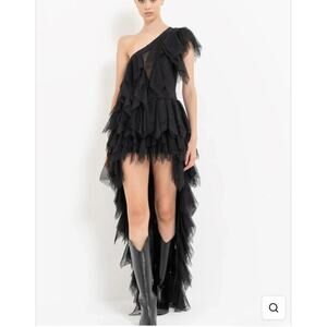 SEXY Black Sheer Tulle One Shoulder High Low Dress Size 6